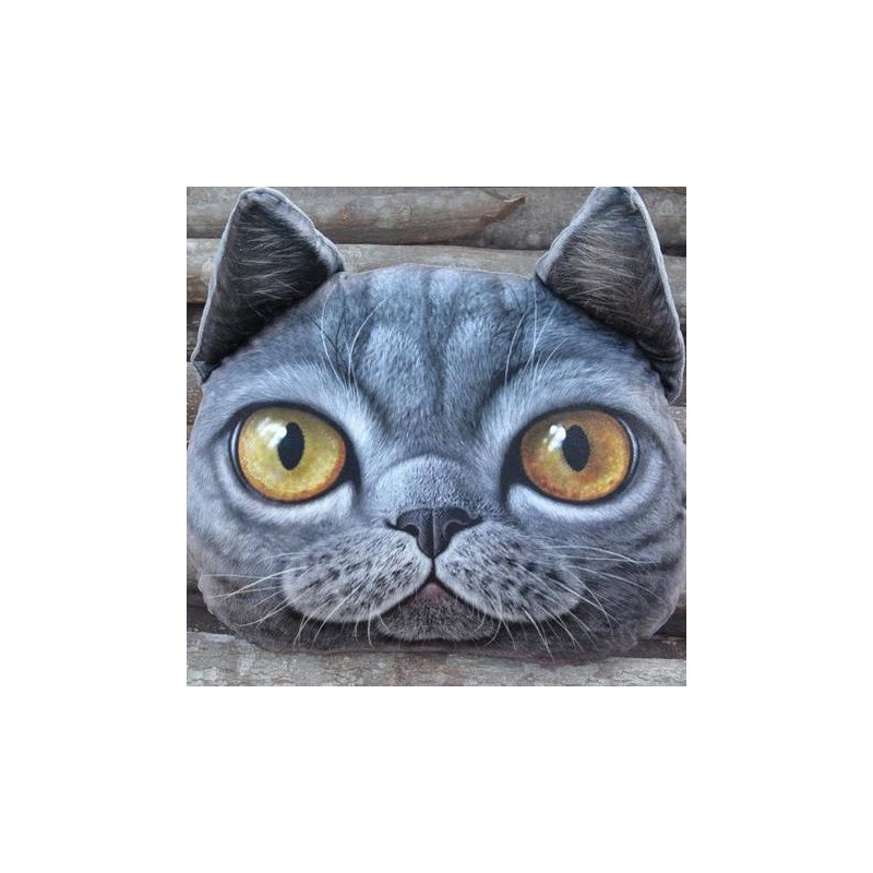 Grand coussin chat 3D gris foncé