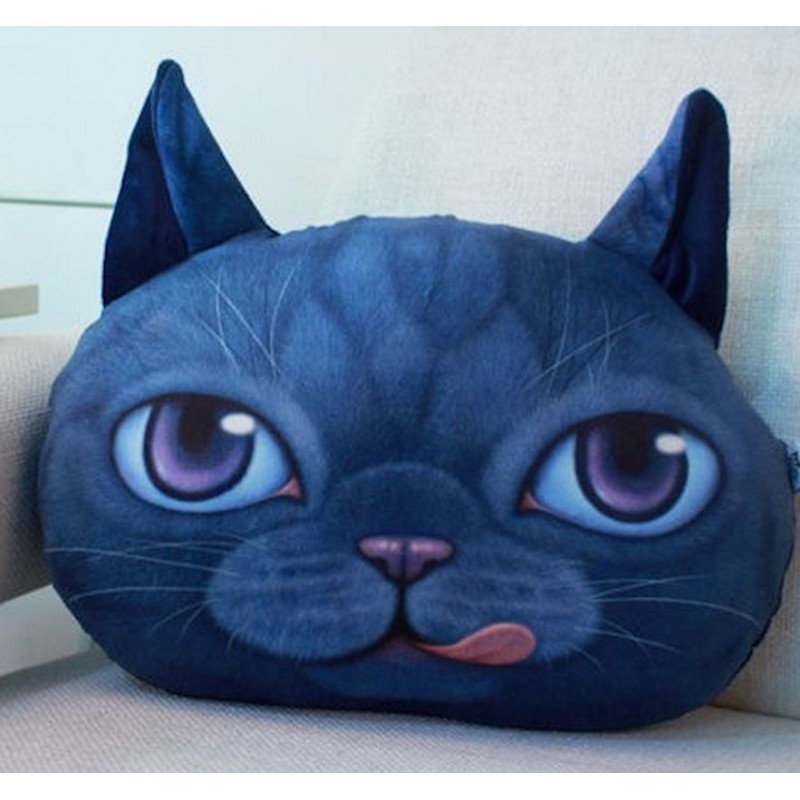 Grand coussin chat 3D bleu