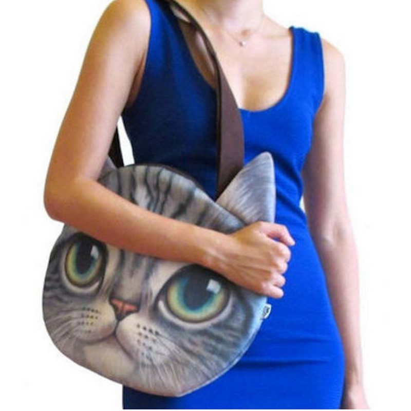 Grand Sac  Bandoulière tête de chat  gris tigré